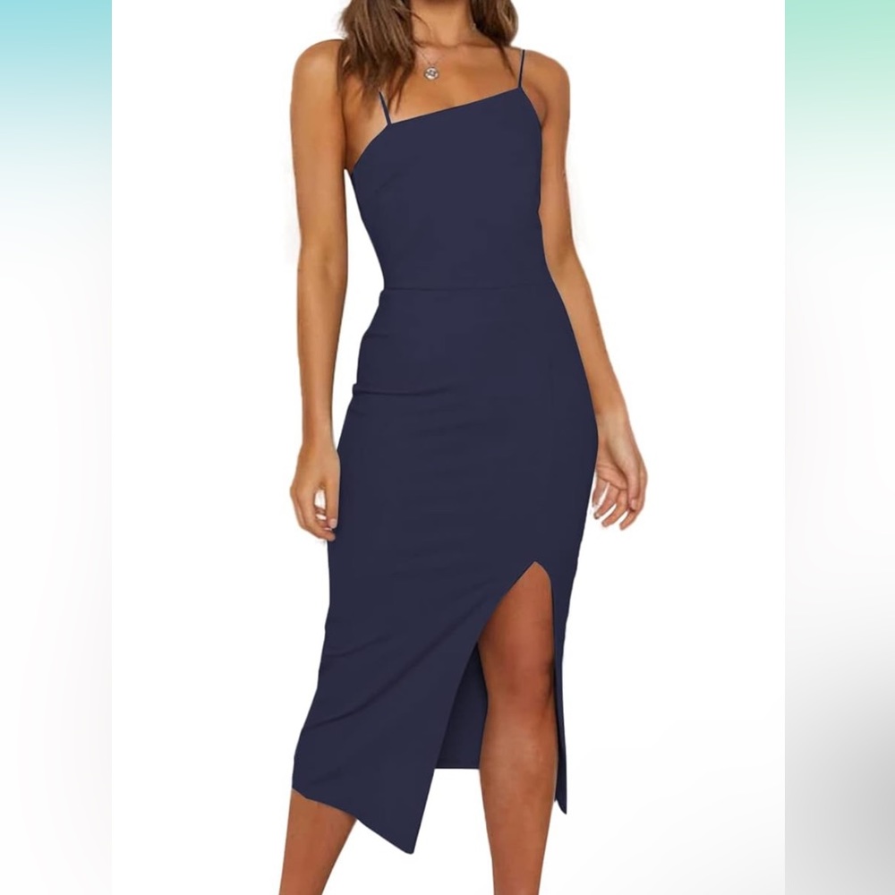 NWT Spaghetti Straps Split Hem Bodycon Midi Dress Navy